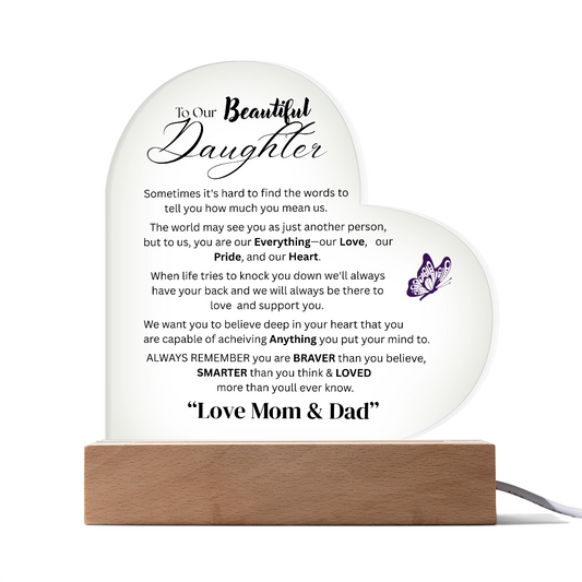 Colorful LED Acrylic Heart Plaque - To Our Daughter - Design 4